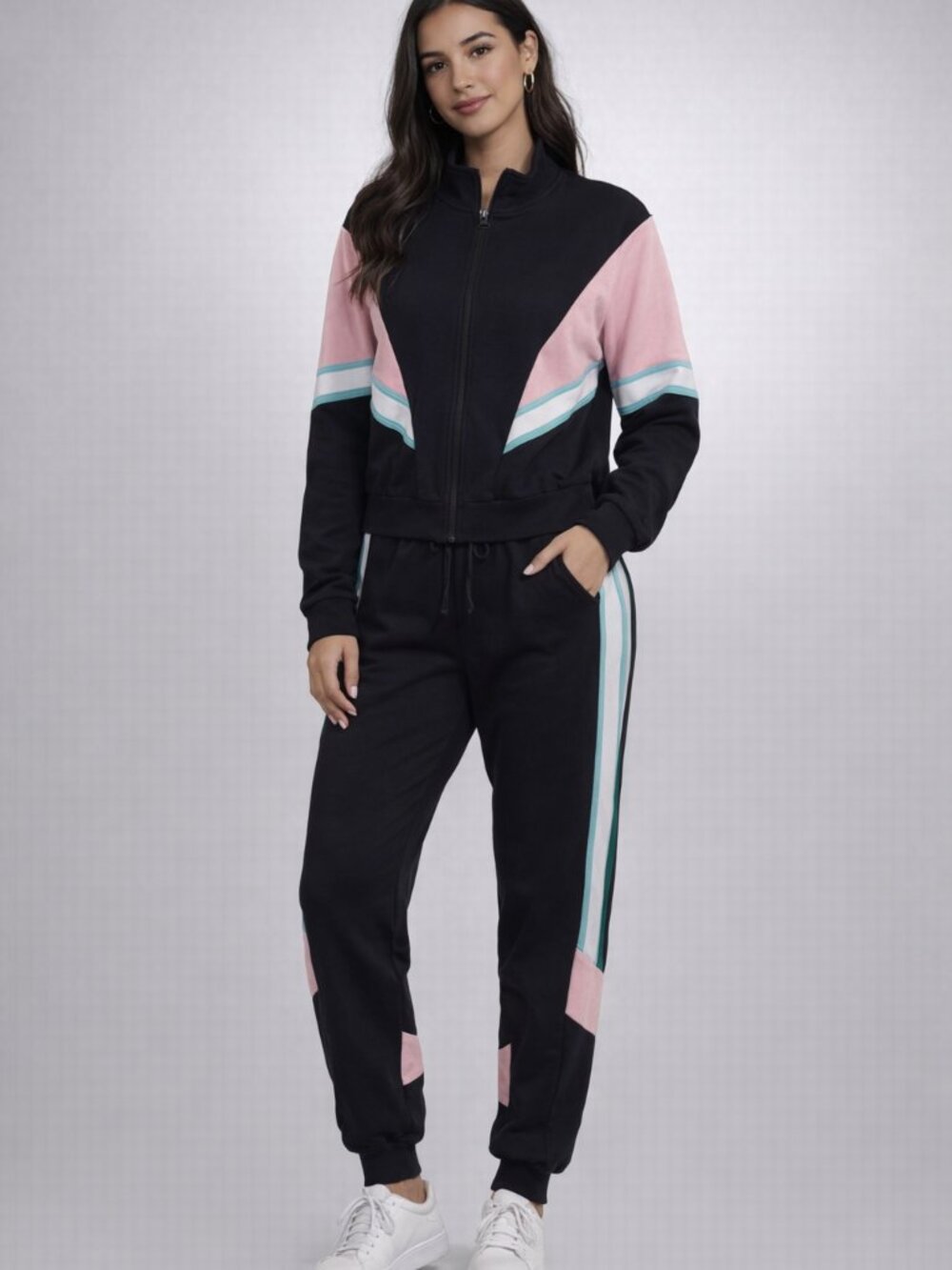 Black & Pink Colorblock Zip-Up Jacket and Pants Set